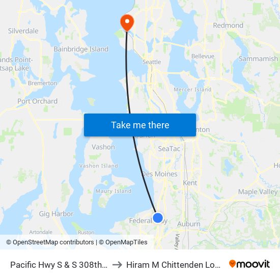 Pacific Hwy S & S 308th St to Hiram M Chittenden Locks map