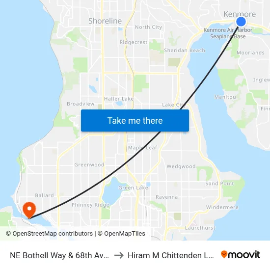 NE Bothell Way & 68th Ave NE to Hiram M Chittenden Locks map