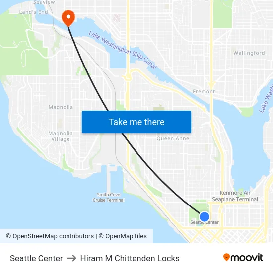 Seattle Center to Hiram M Chittenden Locks map