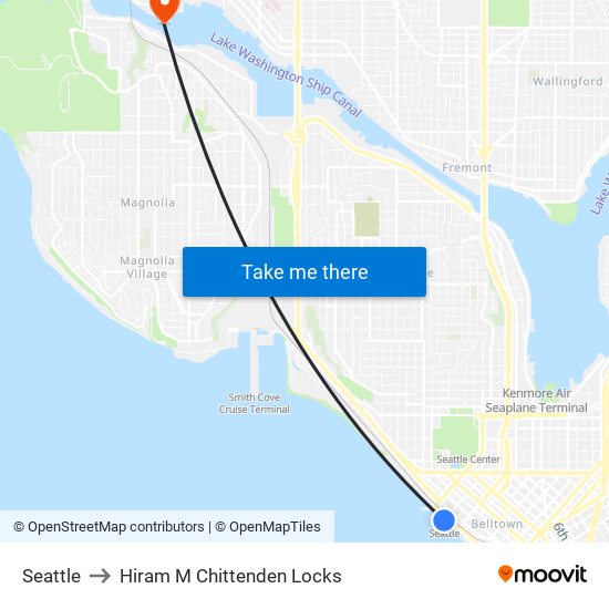 Seattle to Hiram M Chittenden Locks map