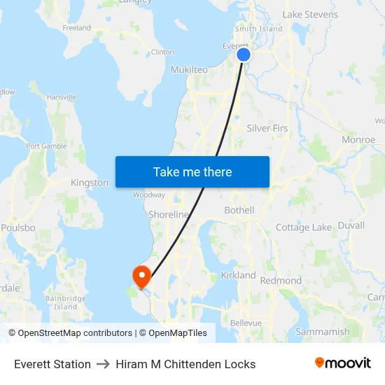 Everett Station to Hiram M Chittenden Locks map