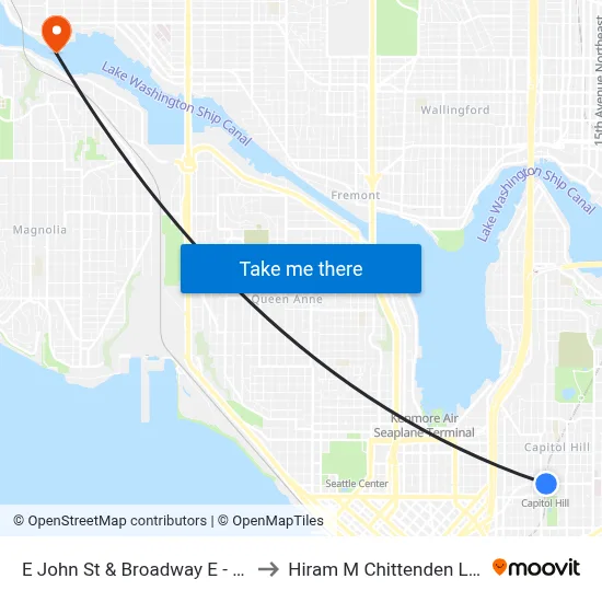 E John St & Broadway E - Bay 2 to Hiram M Chittenden Locks map