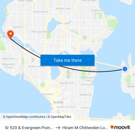 Sr 520 & Evergreen Point Rd to Hiram M Chittenden Locks map