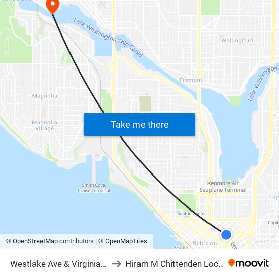 Westlake Ave & Virginia St to Hiram M Chittenden Locks map