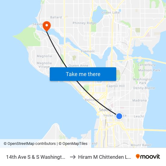 14th Ave S & S Washington St to Hiram M Chittenden Locks map