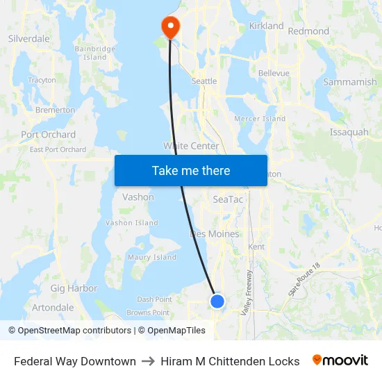 Federal Way Downtown to Hiram M Chittenden Locks map