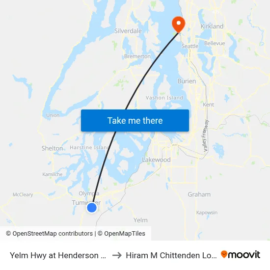 Yelm Hwy at Henderson Blvd to Hiram M Chittenden Locks map