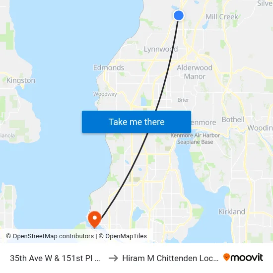 35th Ave W & 151st Pl SW to Hiram M Chittenden Locks map