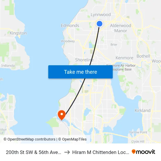 200th St SW & 56th Ave W to Hiram M Chittenden Locks map