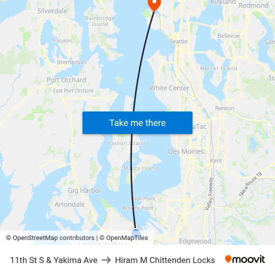 11th St S & Yakima Ave to Hiram M Chittenden Locks map