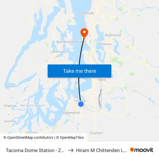Tacoma Dome Station - Zone A to Hiram M Chittenden Locks map