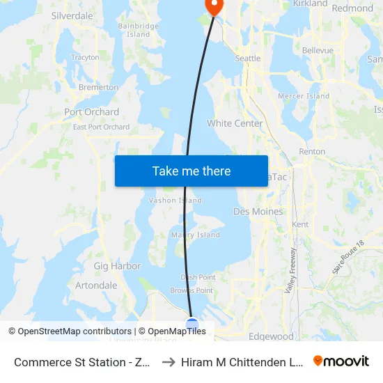 Commerce St Station - Zone F to Hiram M Chittenden Locks map
