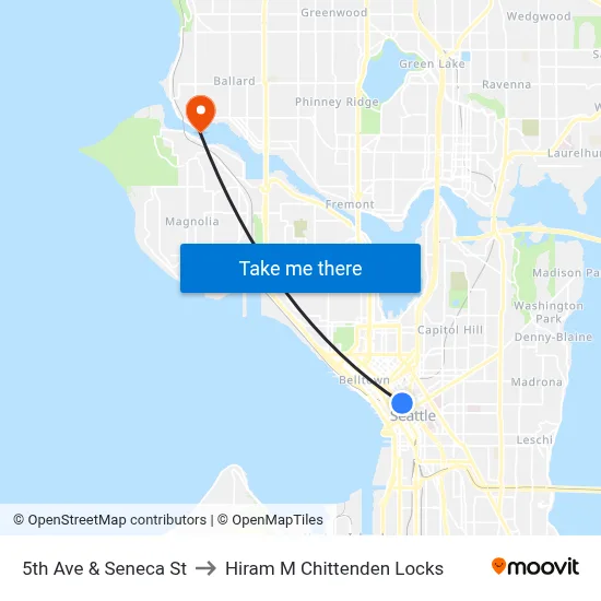 5th Ave & Seneca St to Hiram M Chittenden Locks map