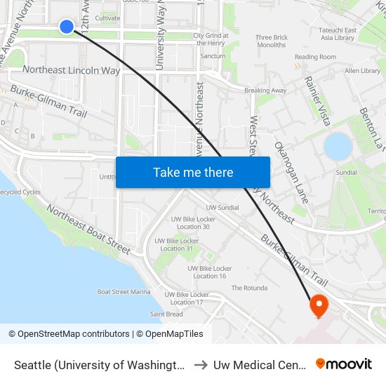 Seattle (University of Washington) to Uw Medical Center map