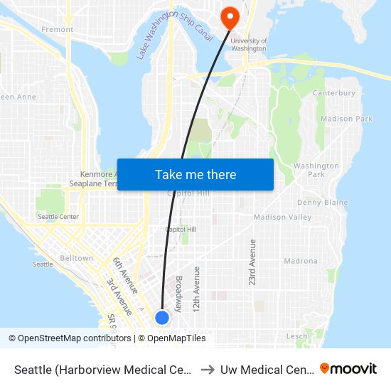 Seattle (Harborview Medical Center) to Uw Medical Center map