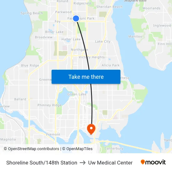 Shoreline South/148th Station to Uw Medical Center map