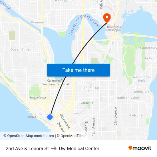 2nd Ave & Lenora St to Uw Medical Center map