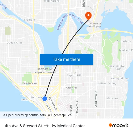 4th Ave & Stewart St to Uw Medical Center map