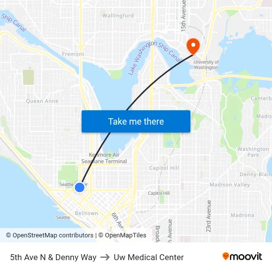 5th Ave N & Denny Way to Uw Medical Center map