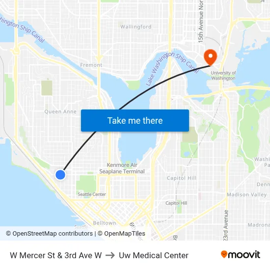 W Mercer St & 3rd Ave W to Uw Medical Center map