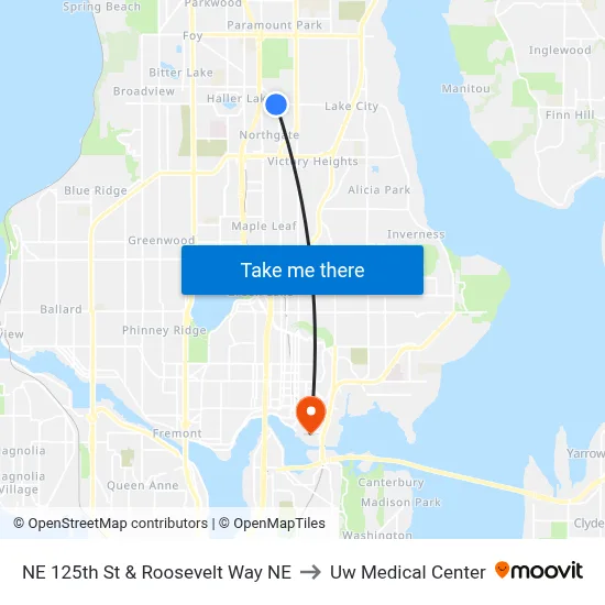 NE 125th St & Roosevelt Way NE to Uw Medical Center map
