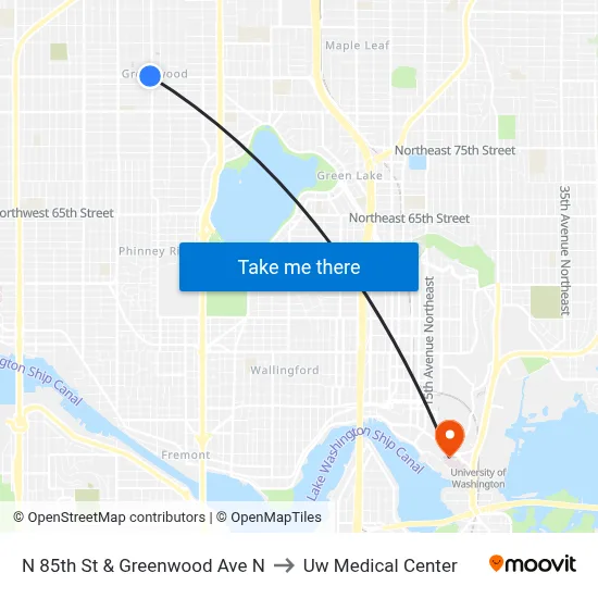 N 85th St & Greenwood Ave N to Uw Medical Center map