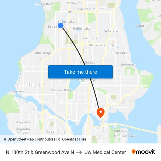 N 130th St & Greenwood Ave N to Uw Medical Center map