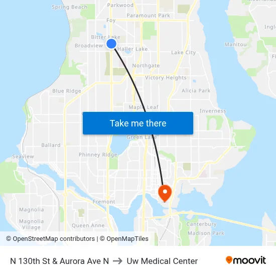N 130th St & Aurora Ave N to Uw Medical Center map