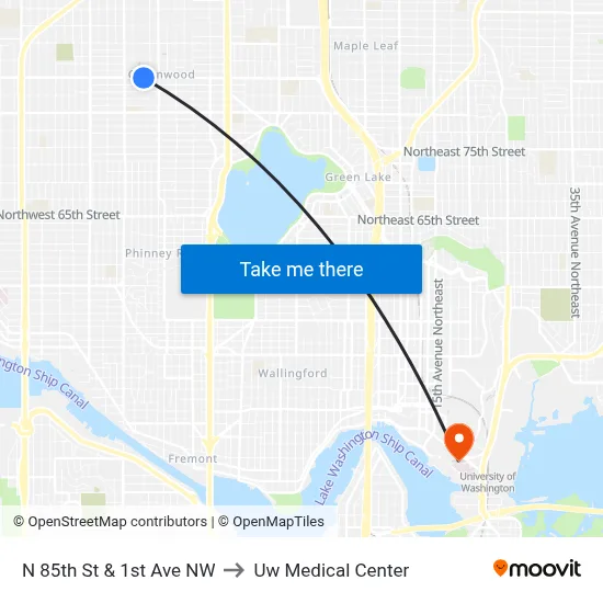 N 85th St & 1st Ave NW to Uw Medical Center map