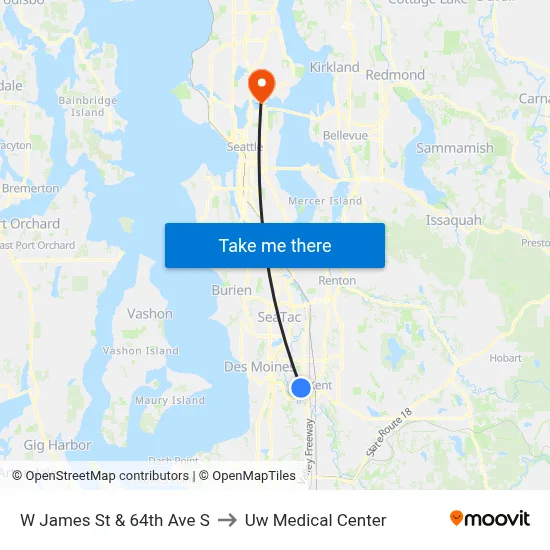 W James St & 64th Ave S to Uw Medical Center map