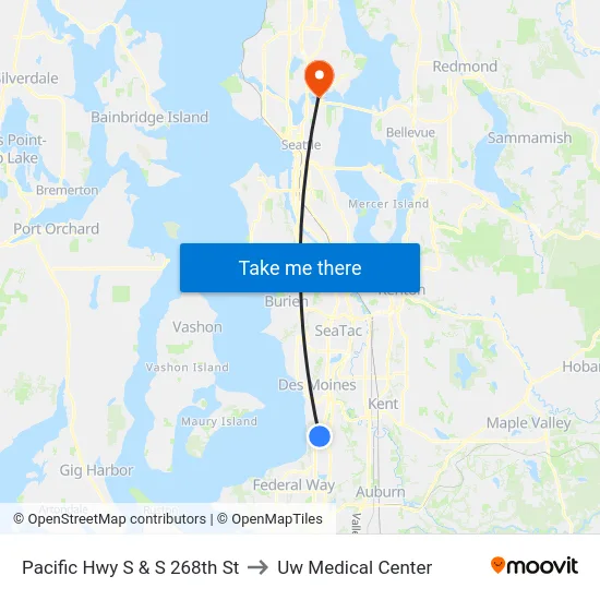 Pacific Hwy S & S 268th St to Uw Medical Center map