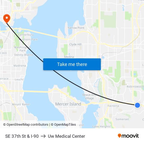 SE 37th St & I-90 to Uw Medical Center map