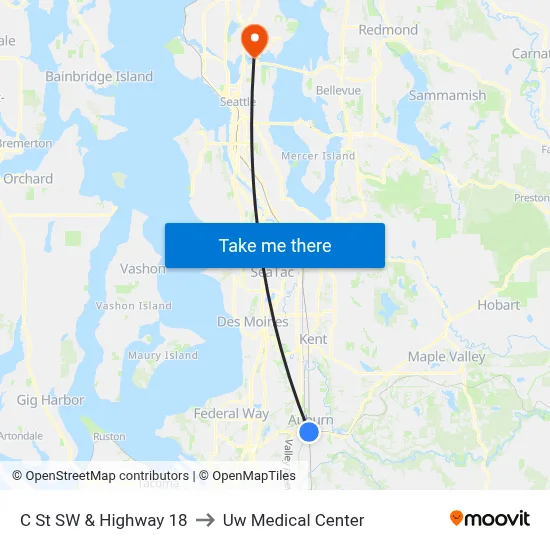 C St SW & Highway 18 to Uw Medical Center map