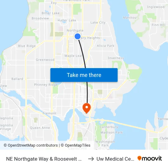 NE Northgate Way & Roosevelt Way NE to Uw Medical Center map