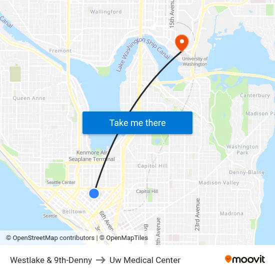 Westlake & 9th-Denny to Uw Medical Center map