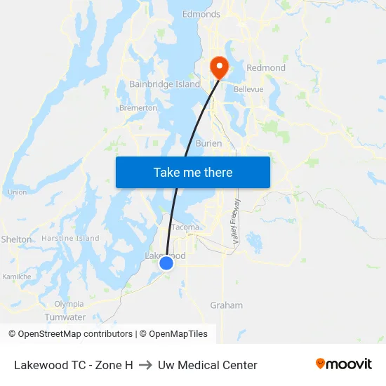 Lakewood TC - Zone H to Uw Medical Center map