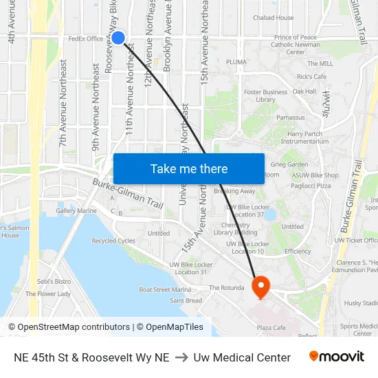 NE 45th St & Roosevelt Wy NE to Uw Medical Center map