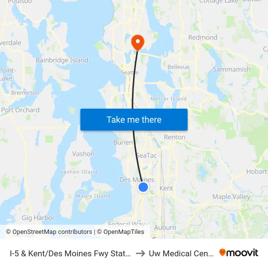 I-5 & Kent/Des Moines Fwy Station to Uw Medical Center map