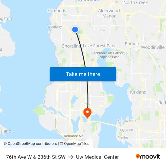 76th Ave W & 236th St SW to Uw Medical Center map