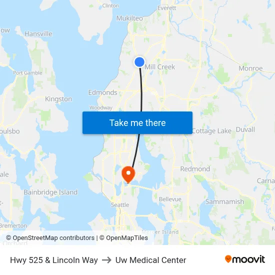 Hwy 525 & Lincoln Way to Uw Medical Center map