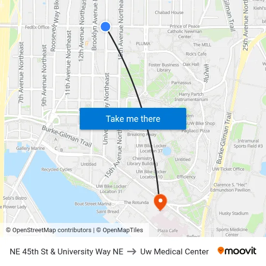 NE 45th St & University Way NE to Uw Medical Center map