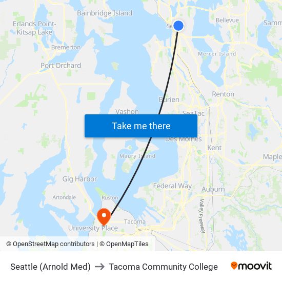 Seattle (Arnold Med) to Tacoma Community College map