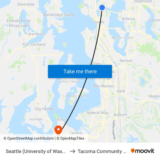 Seattle (University of Washington) to Tacoma Community College map