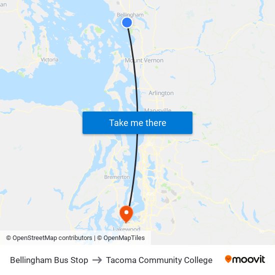 Bellingham Bus Stop to Tacoma Community College map