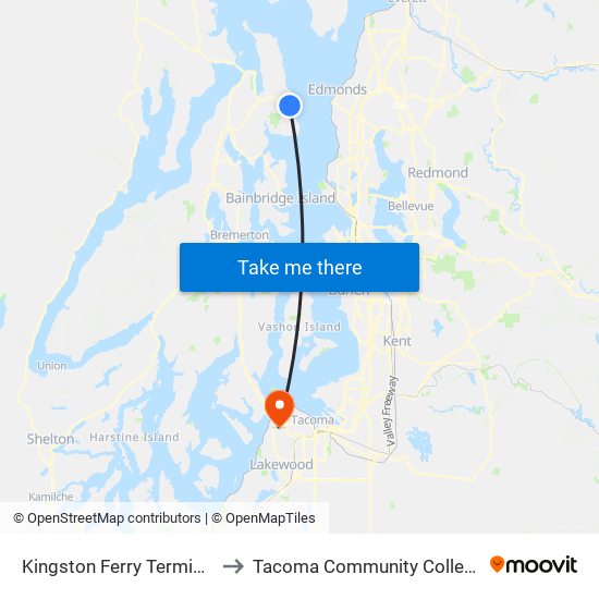 Kingston Ferry Terminal to Tacoma Community College map