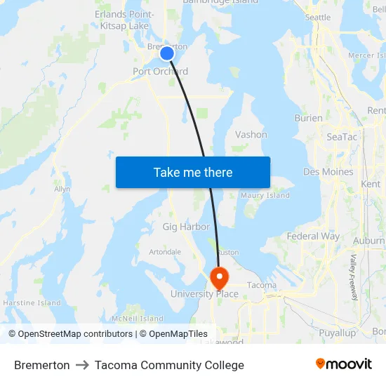 Bremerton to Tacoma Community College map