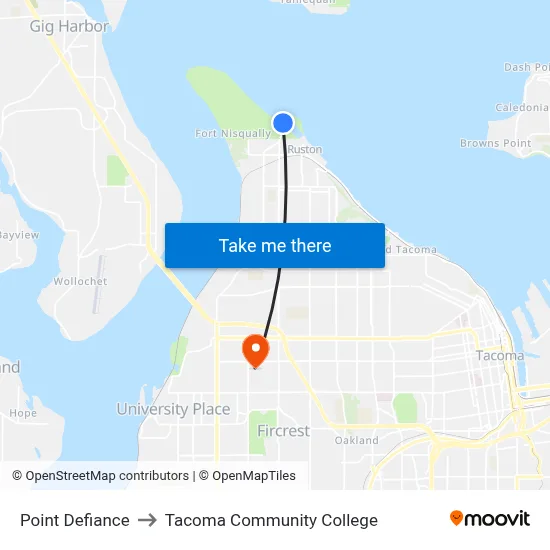 Point Defiance to Tacoma Community College map