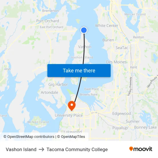 Vashon Island to Tacoma Community College map