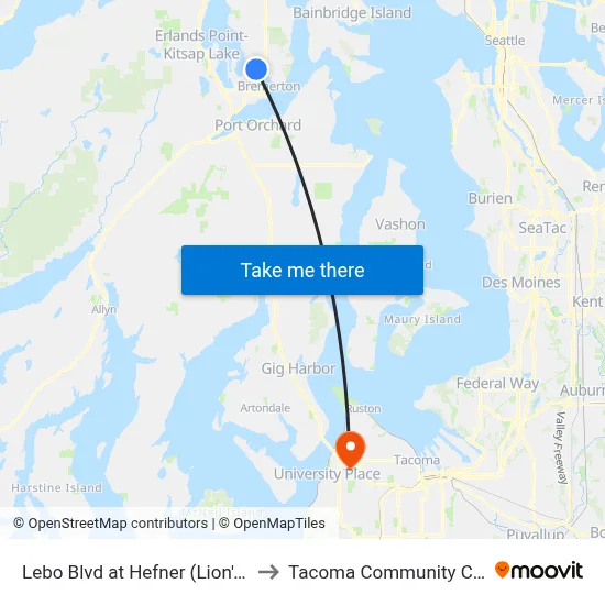 Lebo Blvd at Hefner (Lion's Park) to Tacoma Community College map