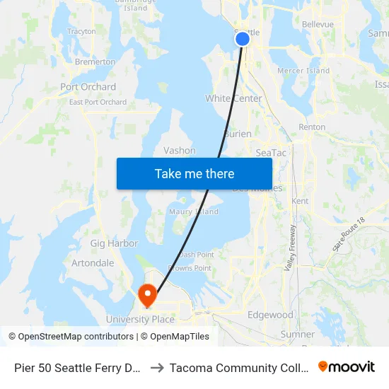 Pier 50 Seattle Ferry Dock to Tacoma Community College map